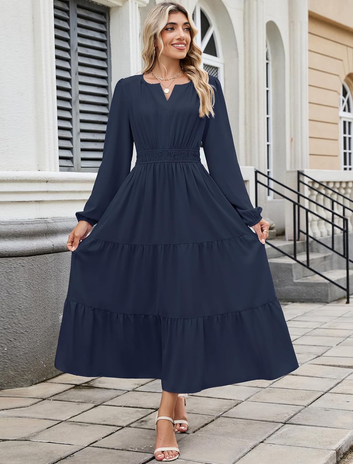 ZAFUL Womens Fall Maxi Dresses 2025 Puff Long Sleeve V Neck High Waist A Line Long Flowy Tiered Wedding Guest Dress Pockets - Image 4