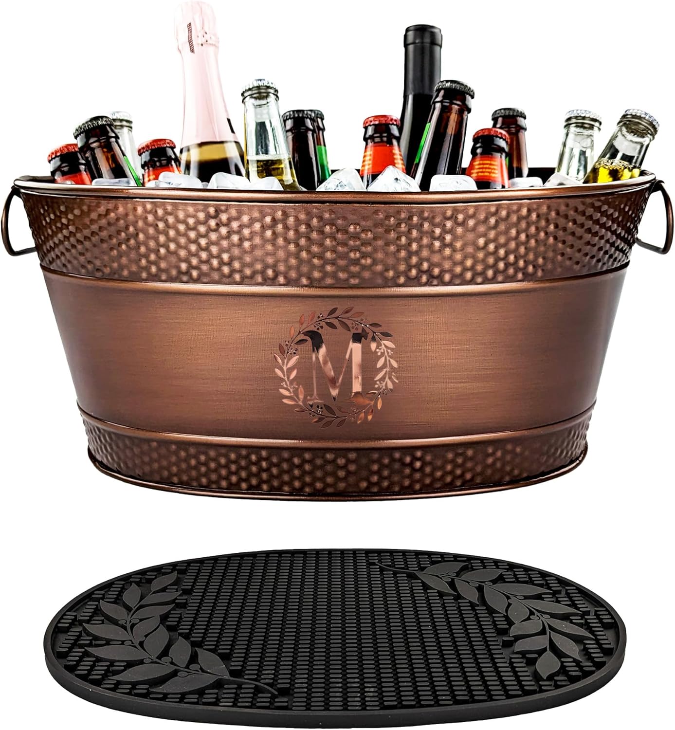 Personalized Beverage Tub Plus Insulated Bar Mat - Wedding Gifts, Housewarming, Bridal Shower Unique Gifts, Engagement Gifts for The Couple (15Qt. Copper + Mat)