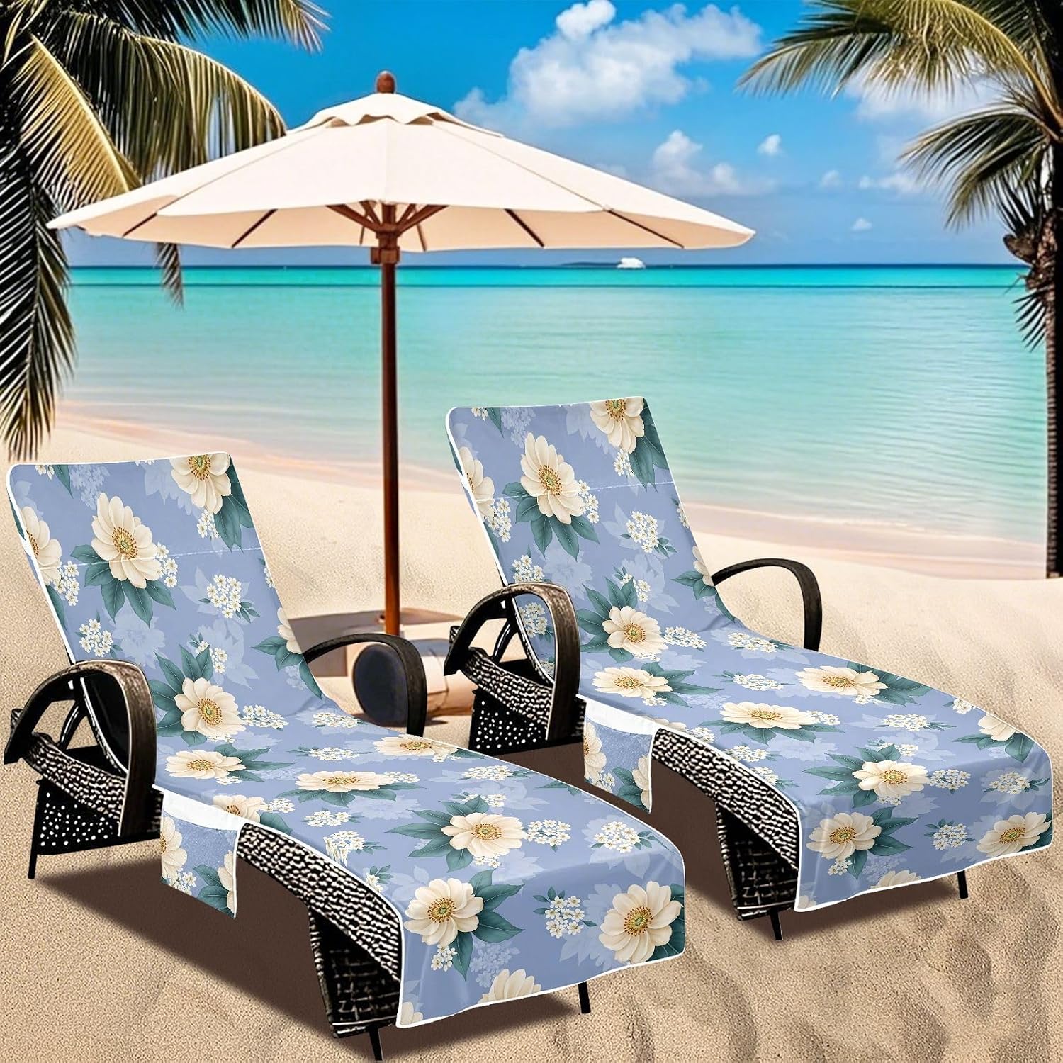 Flower Lounge Chair Towel Cover with Side Pockets – 85x30in Foldable Chaise Cover for Beach, Pool, Patio, Spa