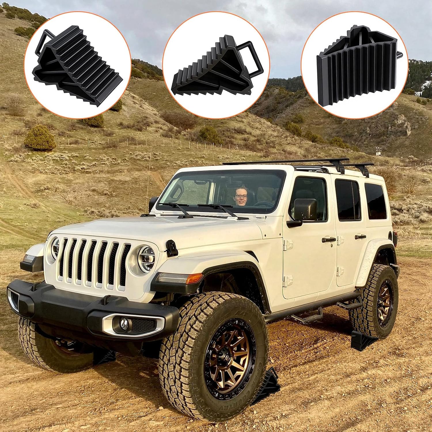 4 Pack Wheel Chocks for RV Trailers & Camper, Heavy Duty Non-Slip Tire Stoppers with Handle for Car, Truck, Travel Trailer - Black