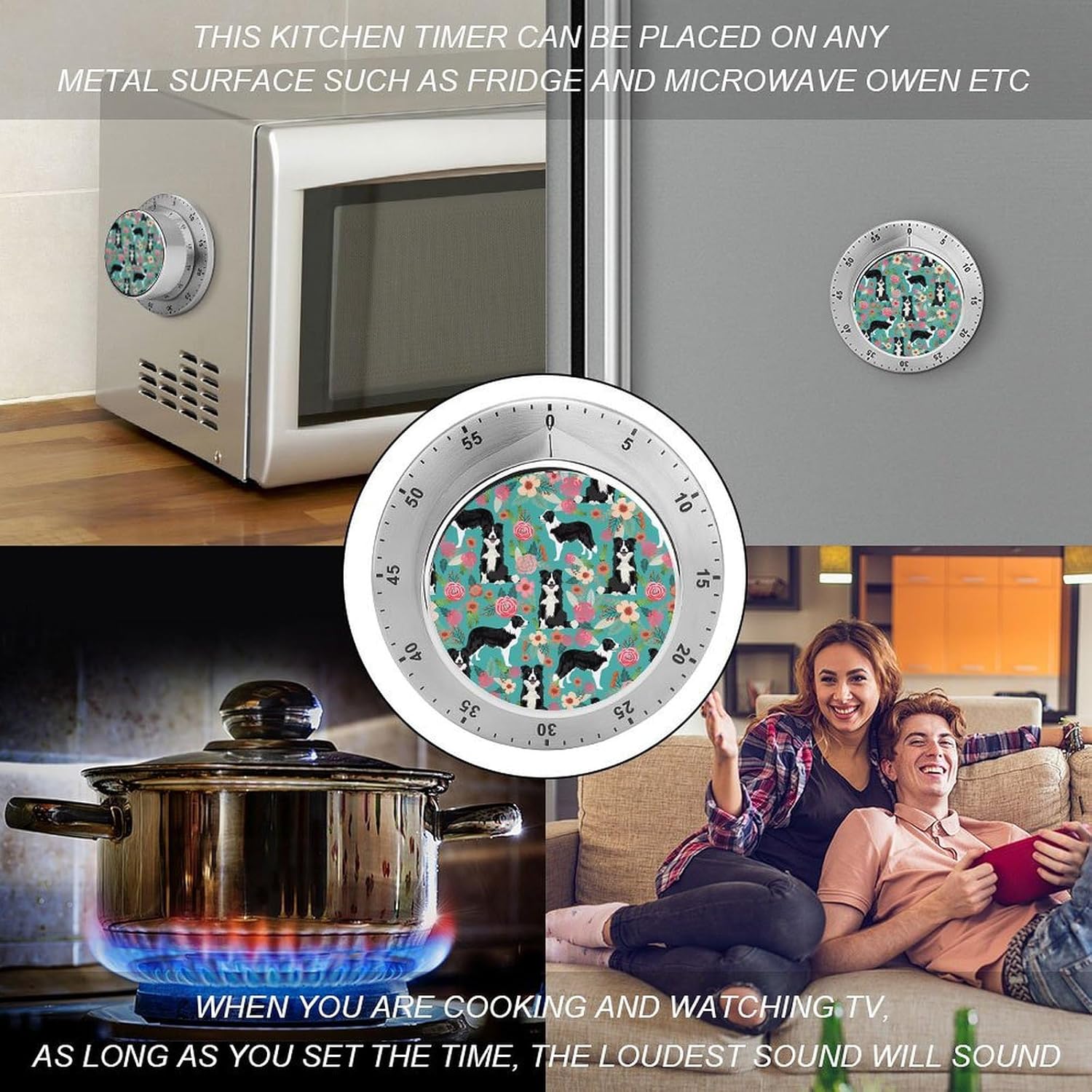 Border Collie Florals Timer Stainless Steel Kitchen Timers Waterproof & Rust-Proof 60 Minute Mechanical Timer with Loud Alarm for Cooking, Baking, Fitness