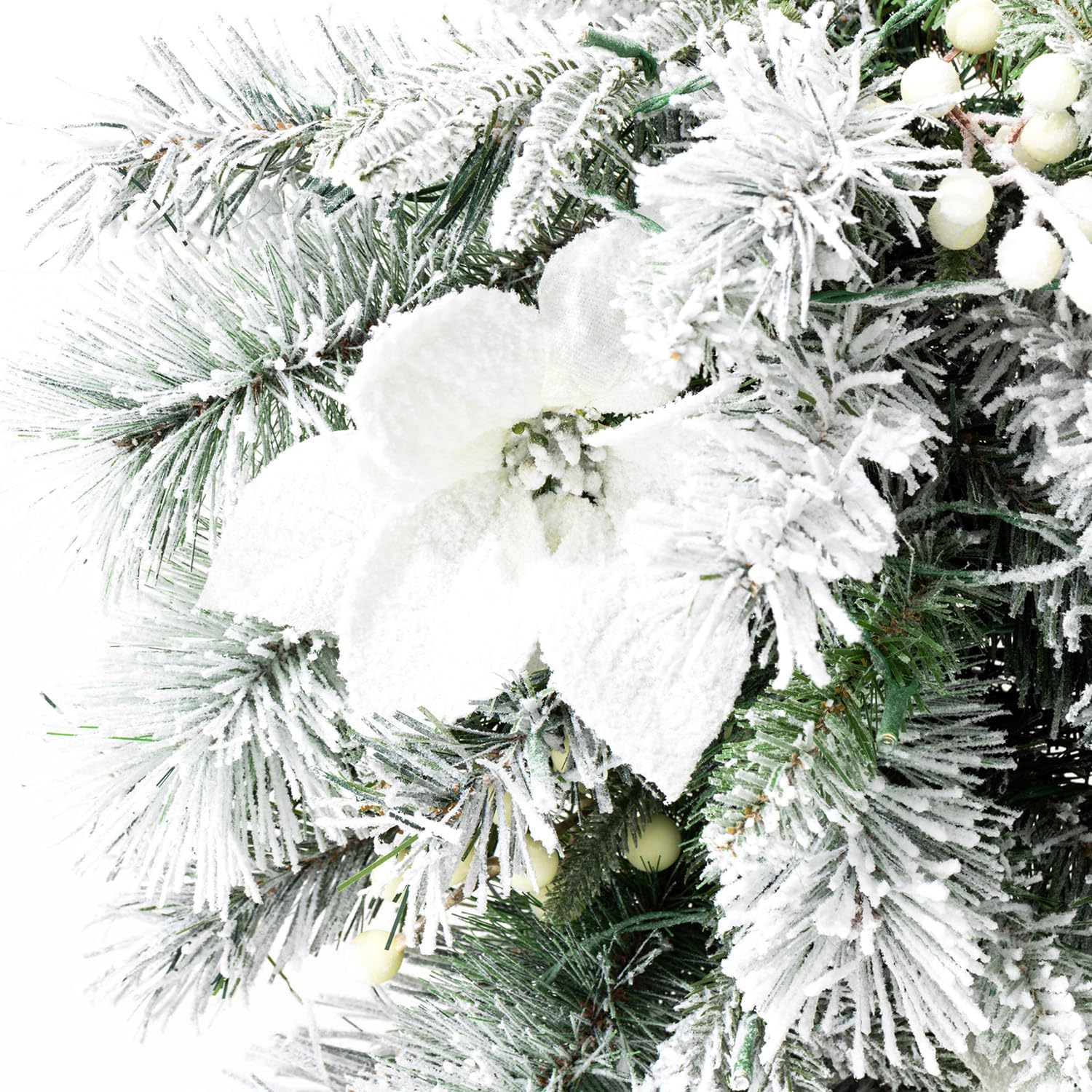 Glitzhome 3ft Pre-Lit Flocked Greenery Pine White Poinsettia and Berries Christmas Swag with 50 Warm White Lights and Timer for Window Front Door Holiday Indoor & Outdoor Home Christmas Decor