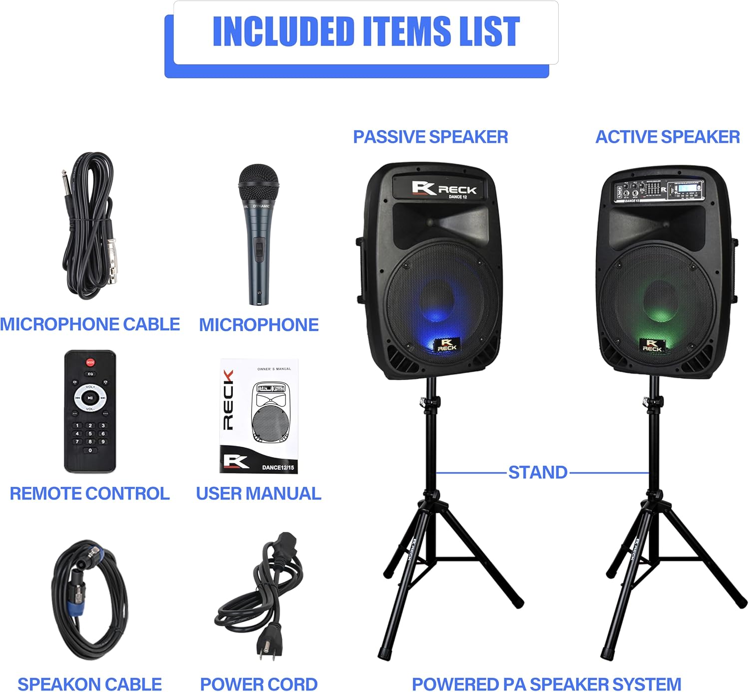 PRORECK Dance 12 Portable 12-Inch 1000 Watts 2-Way Powered PA Speaker System Combo Set with Bluetooth/USB/SD Card Reader/FM Radio/Remote Control/Speaker Stand for Party DJ Wedding Meeting - Image 2