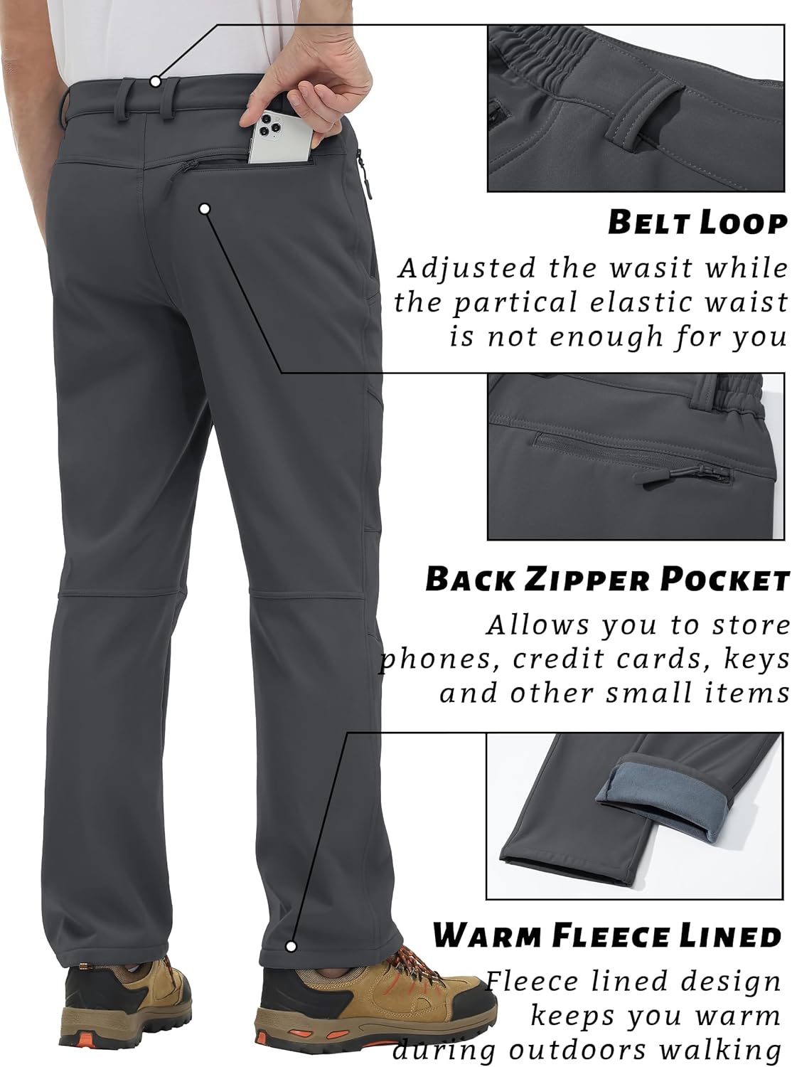 TACVASEN Men's Snow Pants Waterresistant Hiking Work Pants Fleece Lining Soft Shell Ski Snowboard Pants