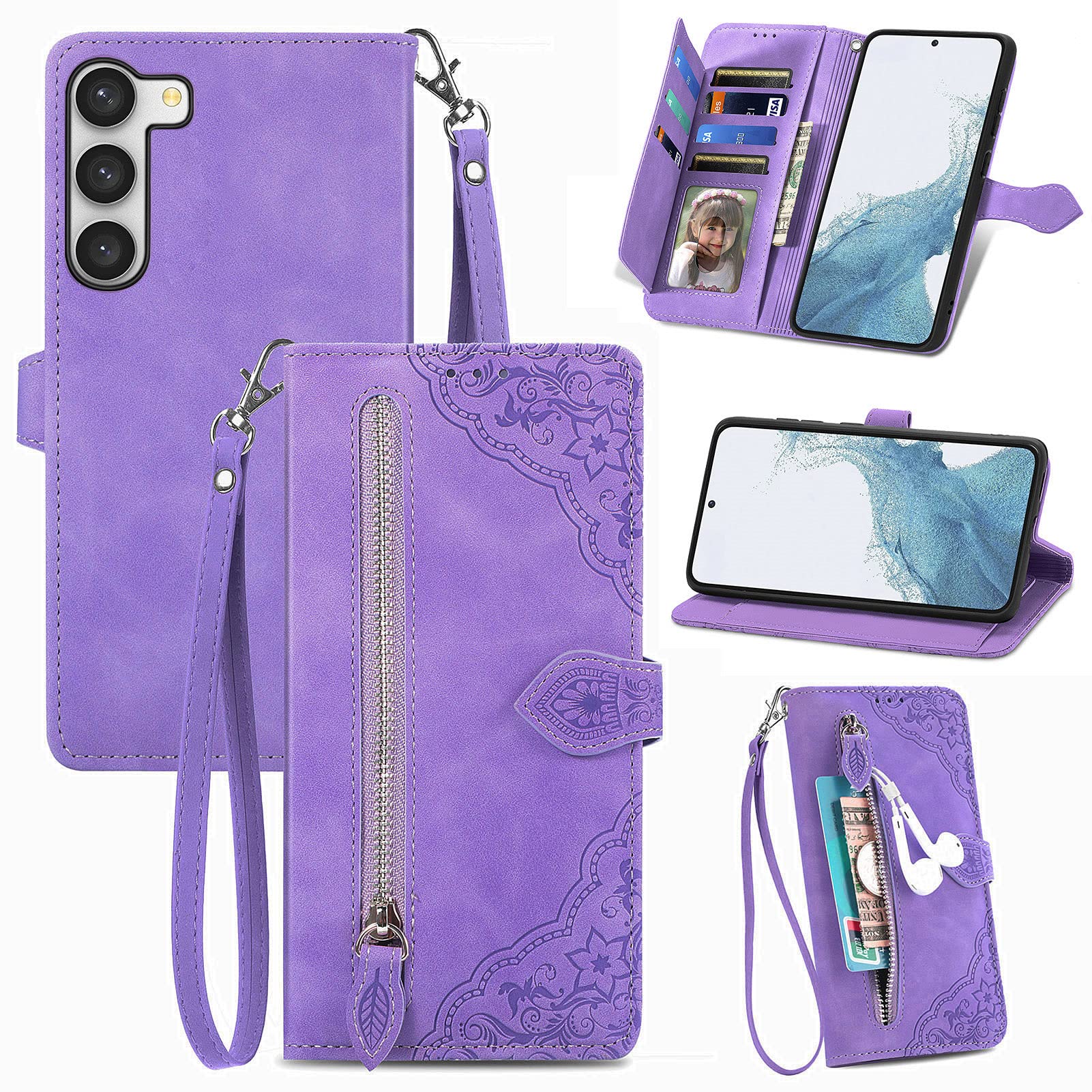 HAOTPfor Samsung Galaxy S23 Case,Galaxy S23 Wallet Case for Women Men,Durable PU Leather Flip Case Lanyard Strap 7 Card Slots Zipper Pocket Handbag Flower Kickstand Magnetic Phone Case Purple