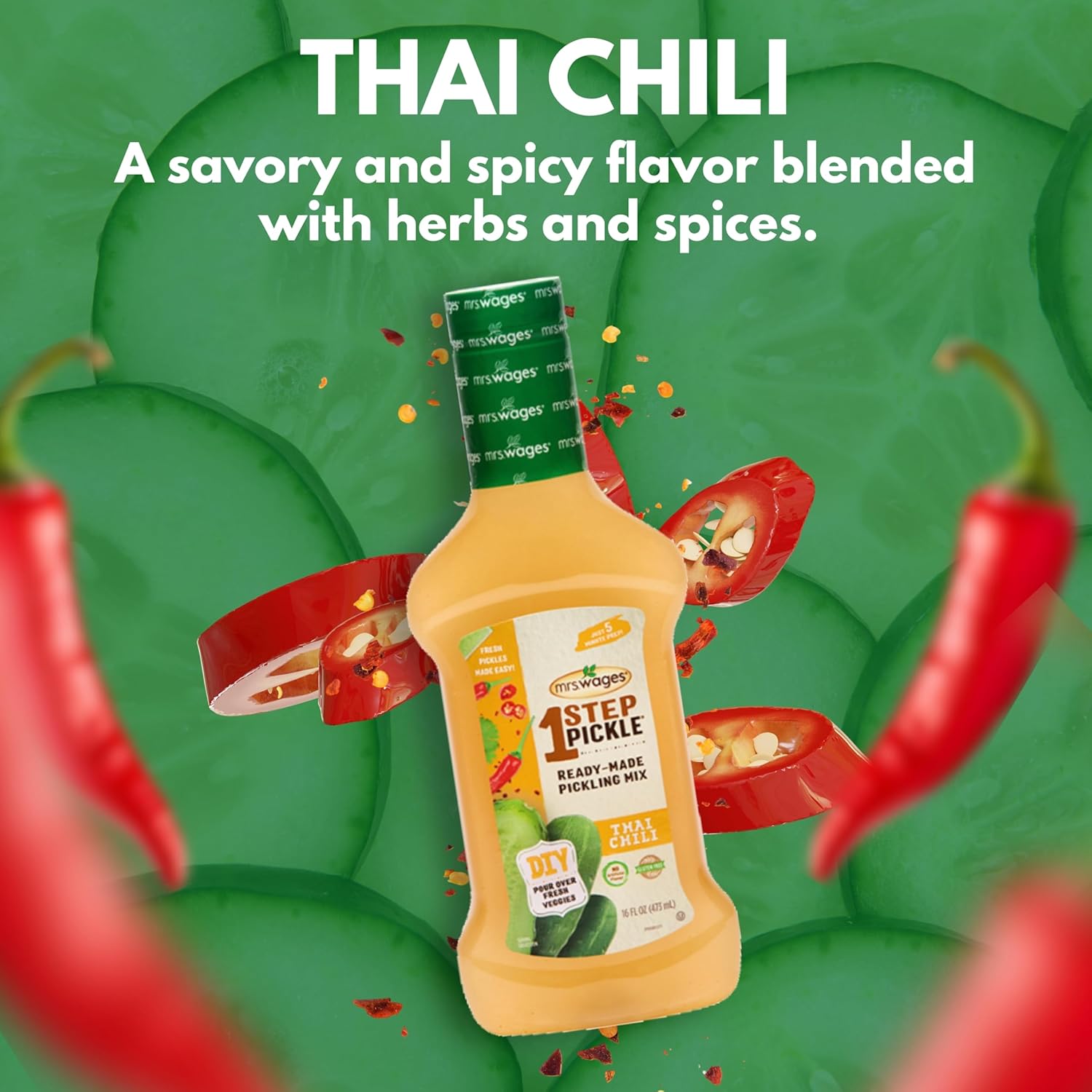 Mrs. Wages 1 Step Pickle Thai Chili Pickling Mix, DIY Fresh Pickles in 8 Hours, Gluten Free, Kosher, No Artificial Flavor, Each Bottle Makes 2 Pints,16 fl oz Bottle (VALUE PACK of 6)