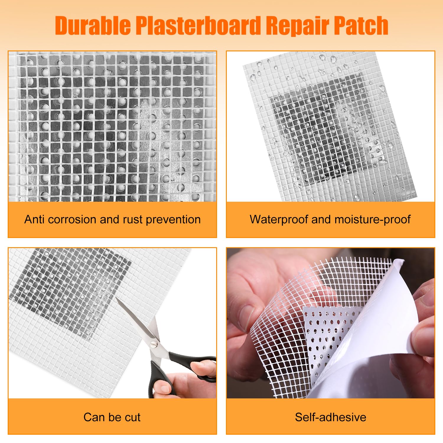 Lot de 12 feuilles de patch de réparation murale en aluminium autocollant avec 2 papiers abrasifs et 2 grattoirs