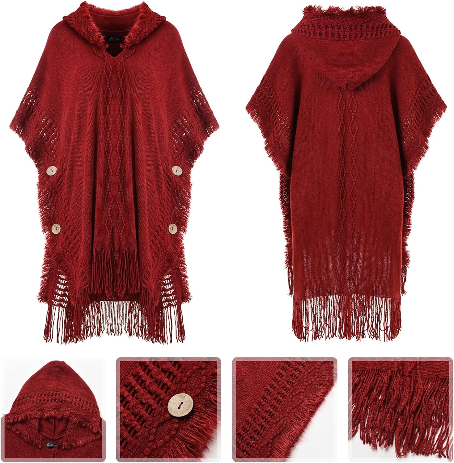 Ferand Women's Cable Knit Poncho Sweater Casual Hooded Pullover Ponchos with Decorative Buttons - Image 4