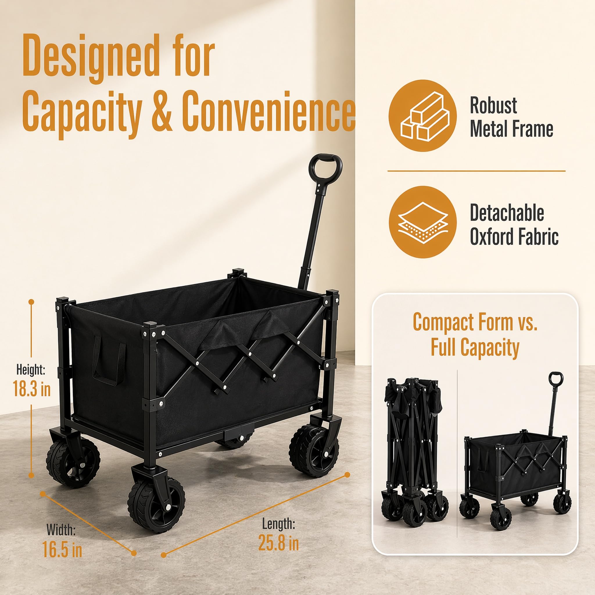 Carrello pieghevole da 130 l, grande capacità di carico 90 kg, con ruote | tessuto Oxford rimovibile, robusto telaio in metallo, compatto e pieghevole, per shopping, giardino, campeggio