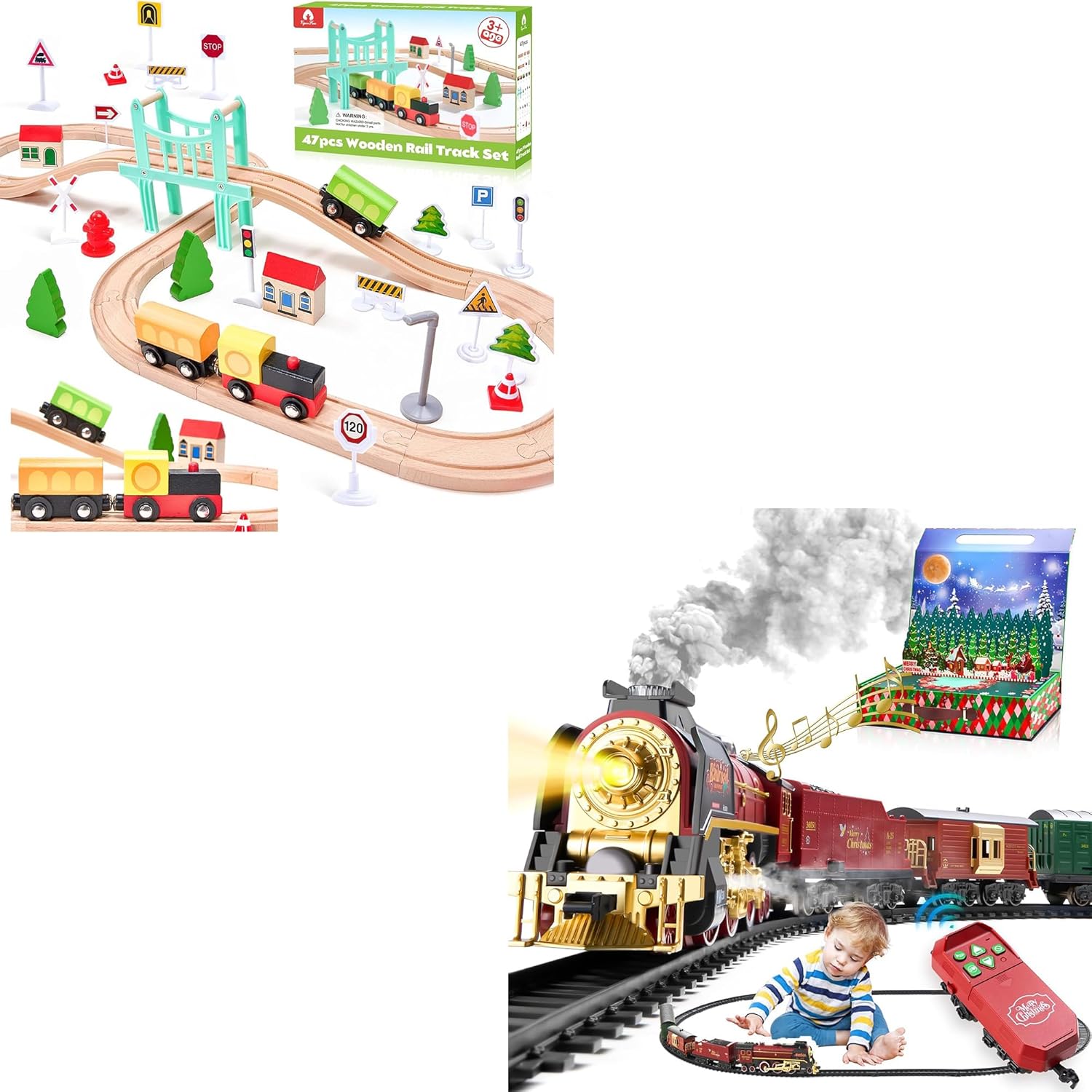 47Pcs Wooden Train Set for Toddlers & Train Set with Gift Case and Remote Control (Christmas Train)