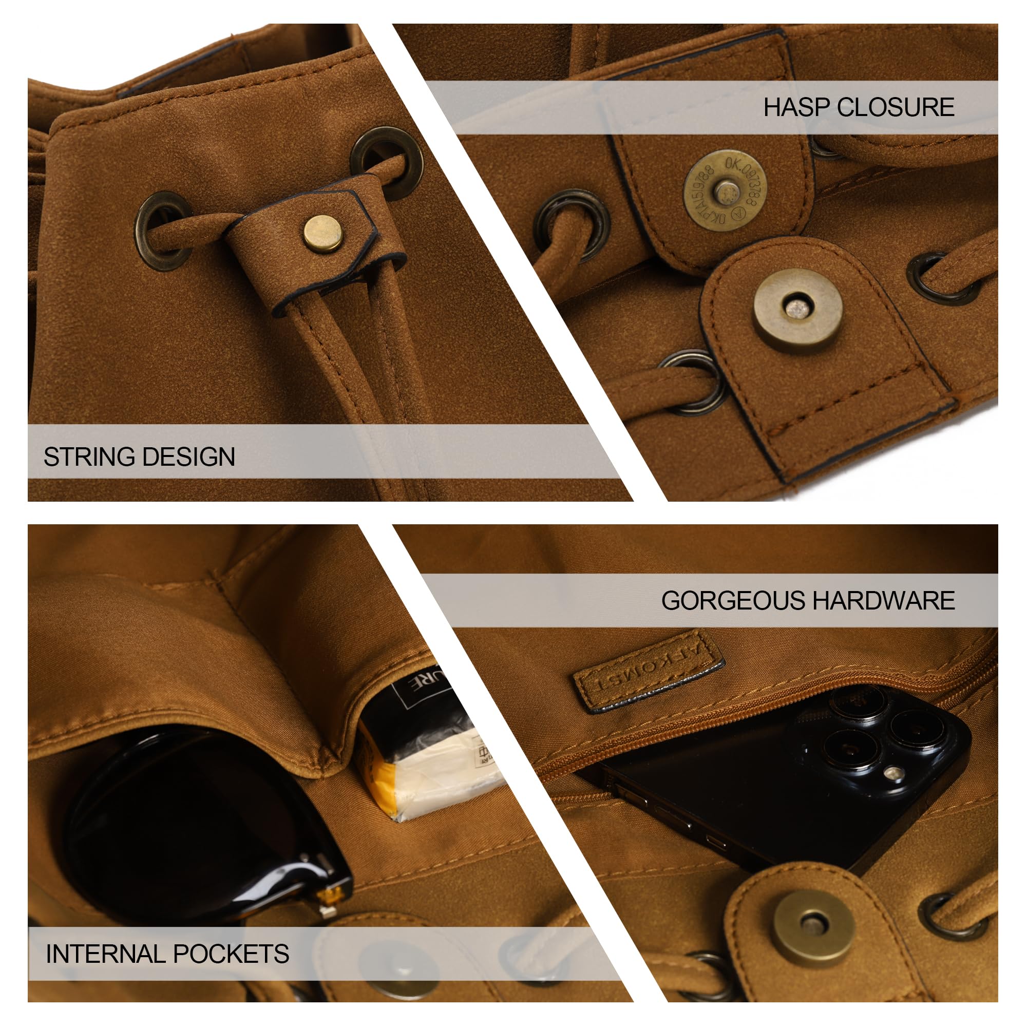 AFKOMST Borsa da donna, borsa a tracolla e borsa a tracolla da donna, alla moda, in similpelle, con coulisse e tracolla regolabile, elegante borsa per il tempo libero, marrone scamosciato