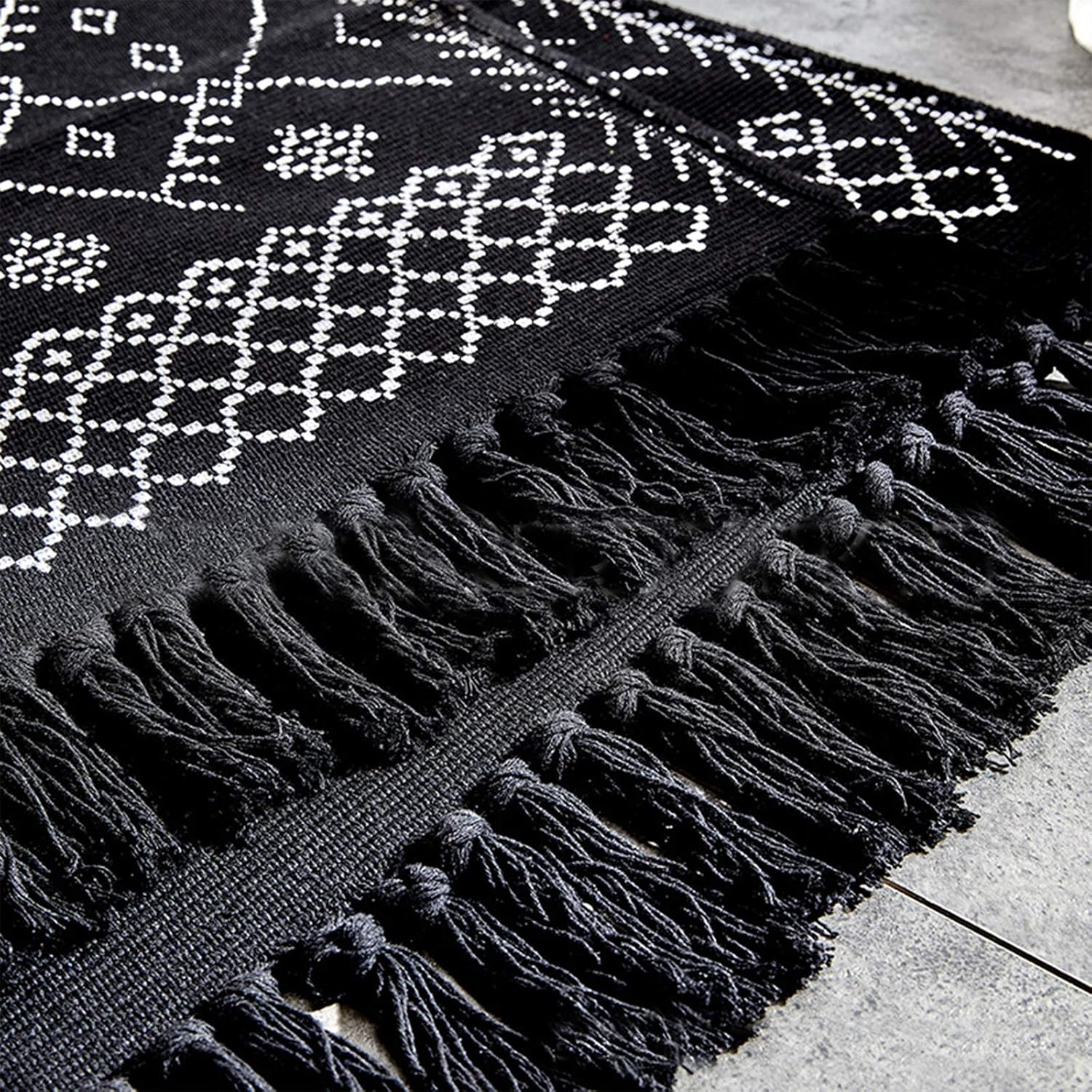 Cedilis 2 Pack Boho Bath Mat, Cotton Woven Throw Rug with Small Tassel, Geometric Patterned Kitchen Bathroom Rug, Washable Hallway Floor Carpet, Black & White, 2 ft x 3 ft & 2 ft x 4.3 ft