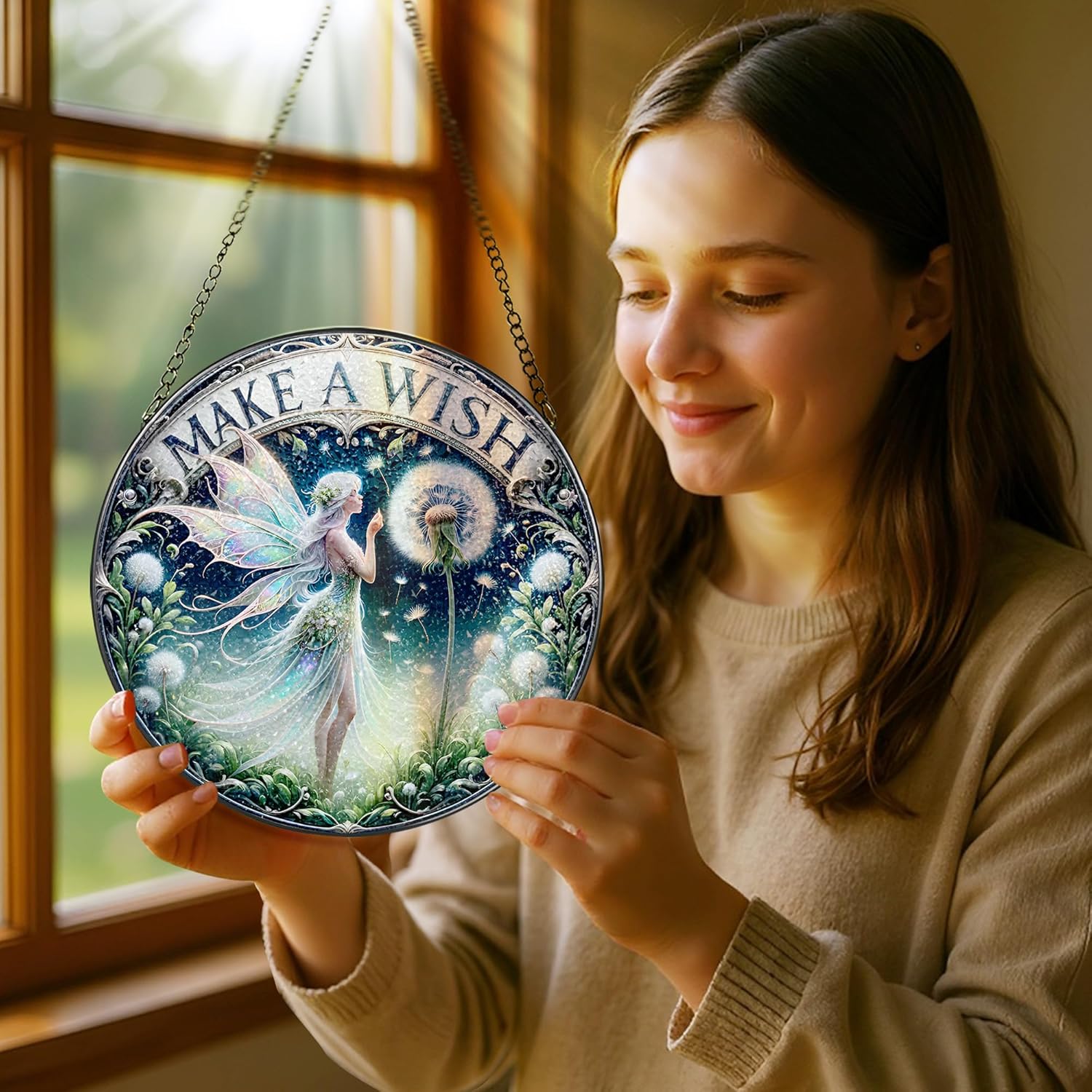 Stained Glass Window Hanging, Pauyadu Fairy Sun Catchers, Stained Glass Suncatcher, Fairy Decor Gifts for Women, Mom, Grandma, Wife, Bestie and Friend - 8 Inch