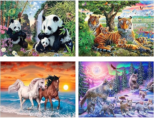 SupLetsico 4 Pack 5D Diamond Painting Kits for Adults, Animal Diamond Art Kits for Adults, Full Drill Crystal Art Kits for Home Wall Decor Diamond Dots, 15.7" x 11.8"(Horse, Tiger, Panda, Wolf)