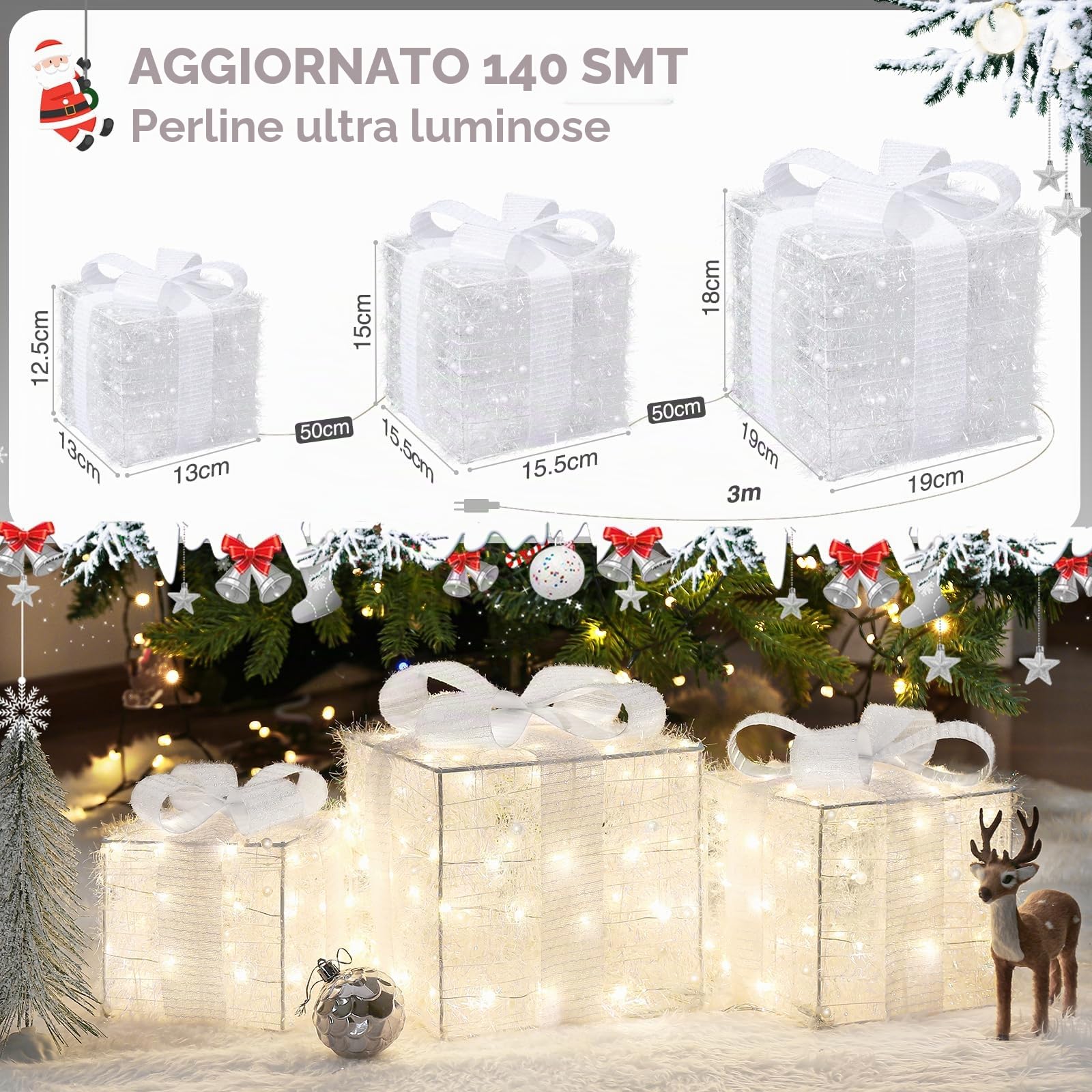 Quntis Set di 3 Pacchi Luminosi Natalizi, LED Scatole Natalizie Luminose con Timer & 8 modalità di Flash, Decorazioni Albero di Natale con Perle e Fiocco Intrecciato Bianco Puro (Rimovibile), Spina