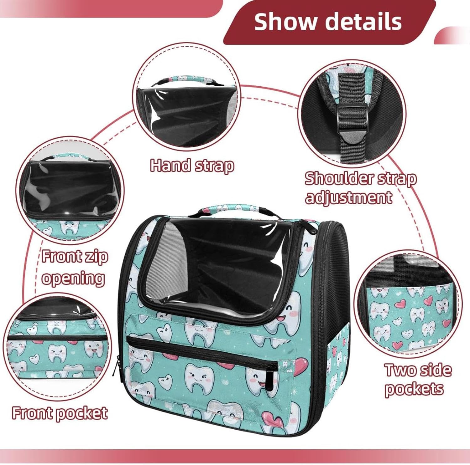 Portable Travel pet Backpack Carrier Hamster Bag Small Dog cat Carrier Breathable Hang Bag, Cute Teeth