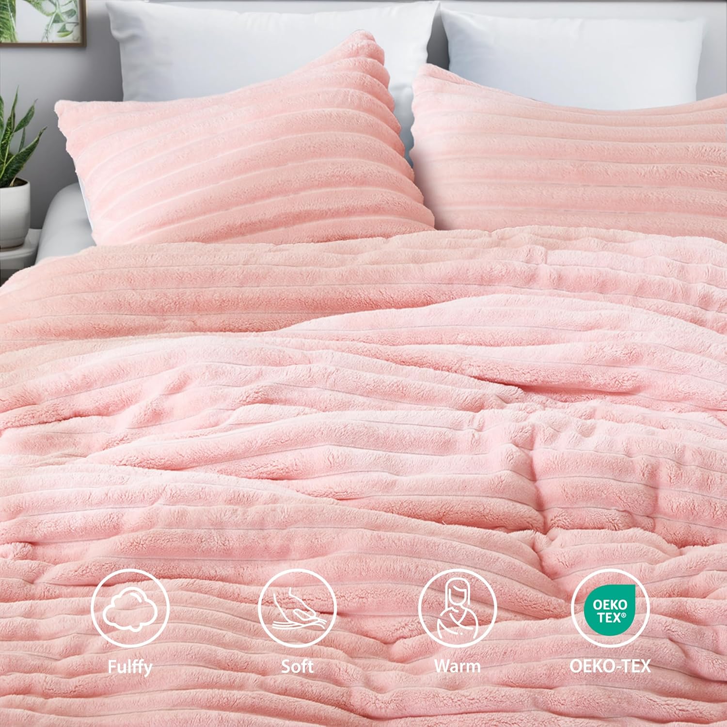 Cuddly Ribbed Fluffy Comforter Set Queen Size, Super-Soft Plush Fleece Bedding Set, Warm Fuzzy Comforter with Matching Shams, All-Season Cozy 3-Piece Bed Set, Blush Pink