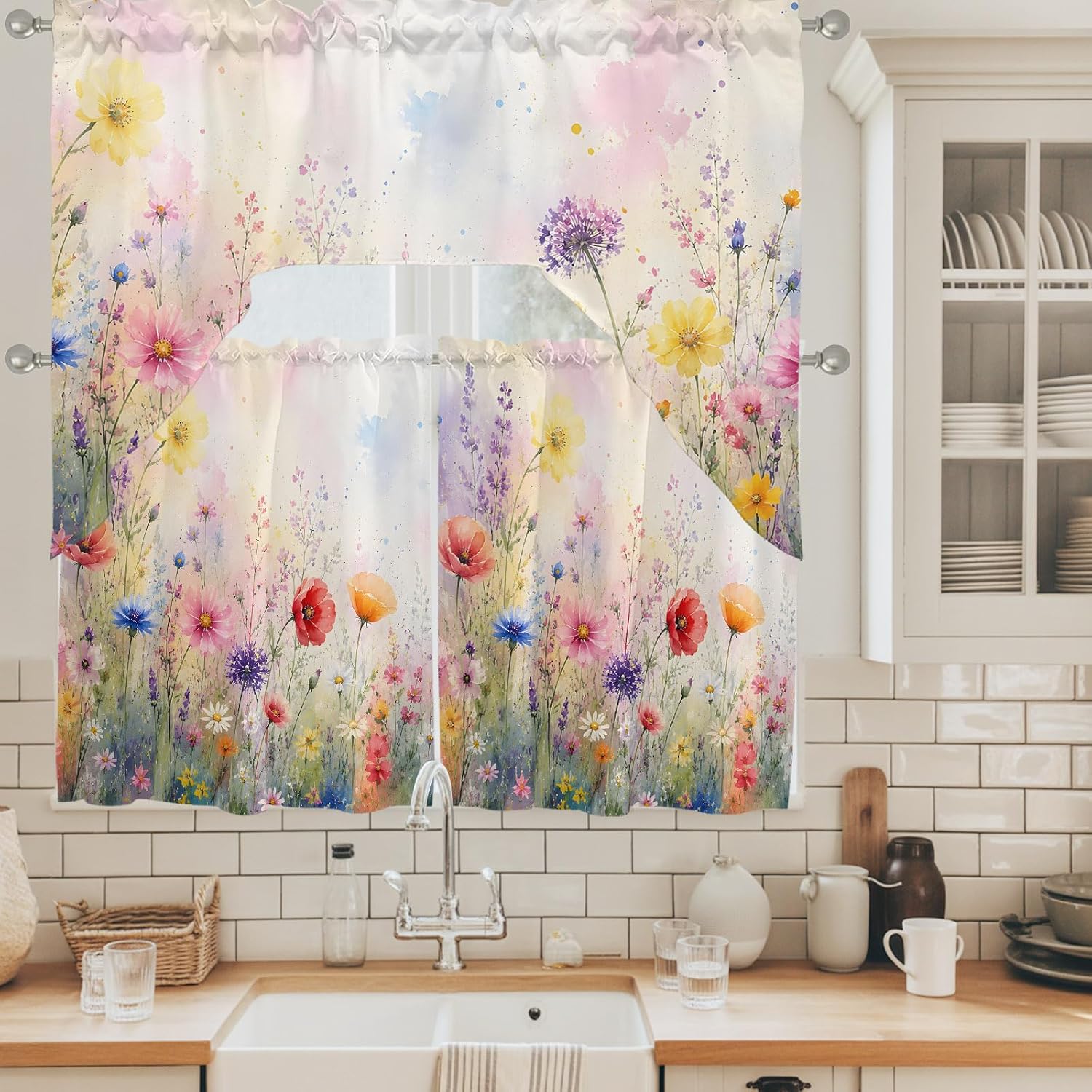 Rustic Flowers Kitchen Curtains Set for Windows 3 Piece Cafe Curtains 24 Inch Length Swag Curtains Valances and Tier Set Colorful Wildflowers Daisy Garden Botanical Drapes for Bedroom Living Room