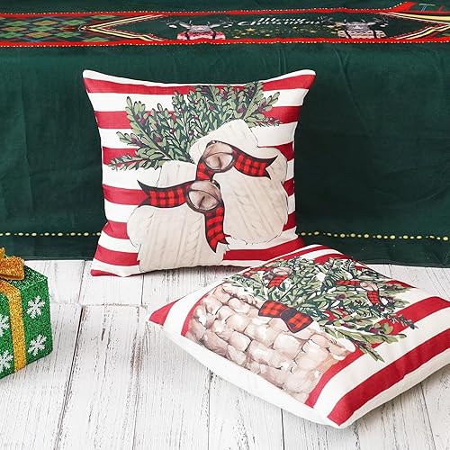 Miniatura 4 de ONWAY Juego de 4 fundas de almohada de rayas navideñas de 18 x 18 pulgadas, juego de 4 fundas de almohada de muñeco de nieve y renos con rayas