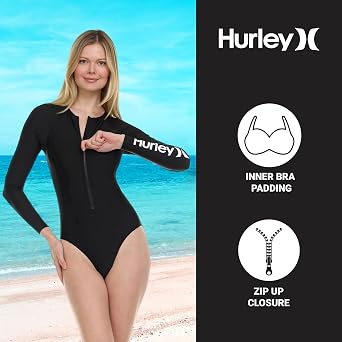 Hurley Women's Long Sleeve One-Piece Swimsuit, Sun Protection Bathing Suit | UPF 50+ Sun & UV Protection, Full Coverage Fit, Long Sleeve, Quick Dry, Zip-Up Closure