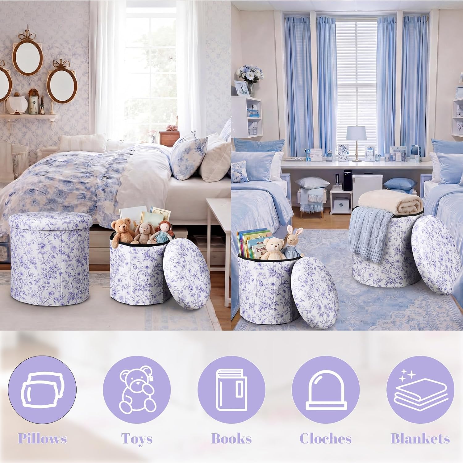 Geetery 2 Pcs Round Storage Ottoman Dorm Set 15 Inch and 12 Inch Chinoiserie Blue and White Flowers Pattern Round Ottoman with Storage Vanity Foot Stool for Back to School Living Room Bedroom Dorm