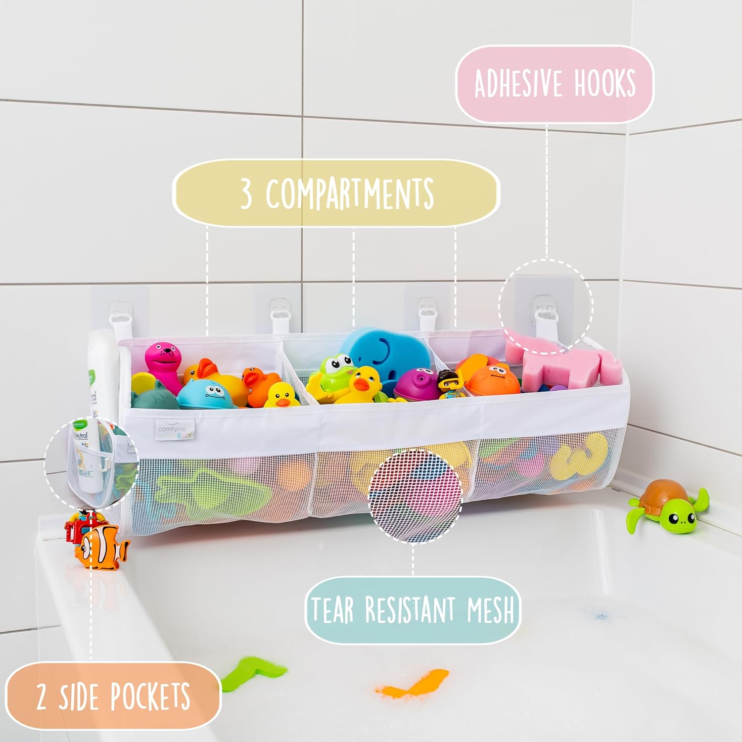 Comfylife Large Bath Toy Organizer – 3 Compartment Bath Toy Holder for Bathtub & Shower – Quick-Dry Mesh with 4 Strong Adhesive Hooks – Kids Toys Storage Net for Bathroom, shower & Tub
