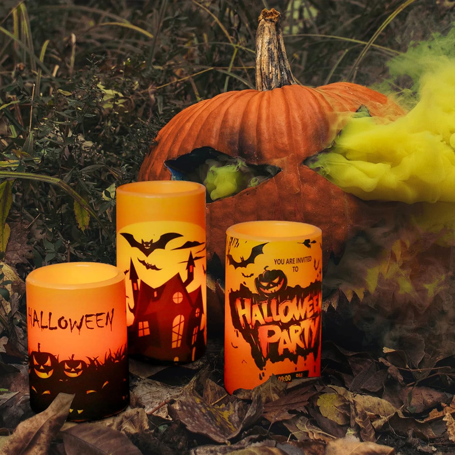 Yurozac Halloween Flameless Candles with Timer, Flickering Battery Operated Real Wax Electric LED Pillar Candles for Halloween Decoration Set of 3 Orange, 4”5”6” Tall : Tools & Home Improvement