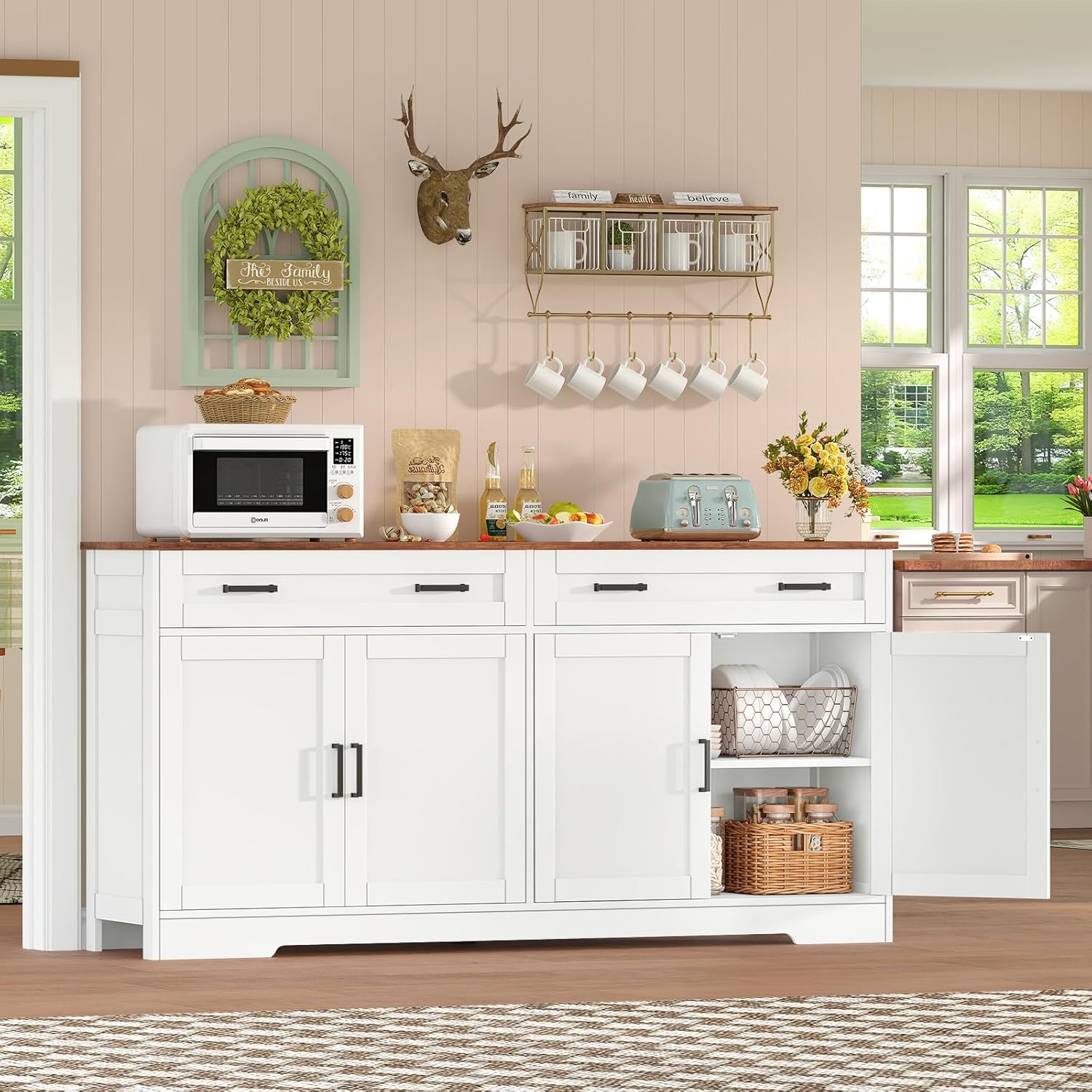 55” Buffet Cabinet with Storage and 2 Drawers, Large Sideboard Cabinet with 2 Adjustable Shelves and 4 Doors, Coffee Bar, Buffet Table for Kitchen, Dining Room, White