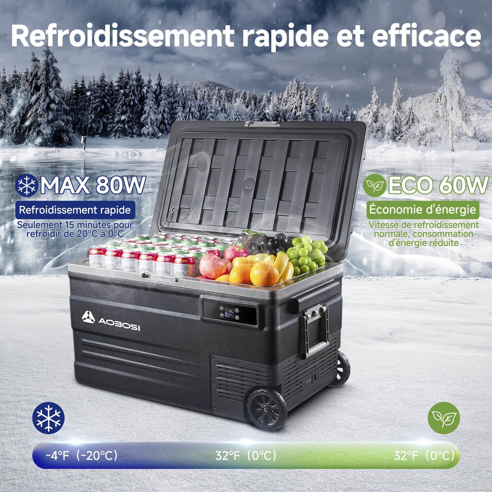 AAOBOSI Glacière à Compresseur 74L, Glaciere Électrique -20℃ à 20℃, APP&Bouton Contrôle, 12/24V DC et 100-240V AC Frigo Camion Pour Voiture, Camion, Bateau, Camping-Car Et Prise De Courant