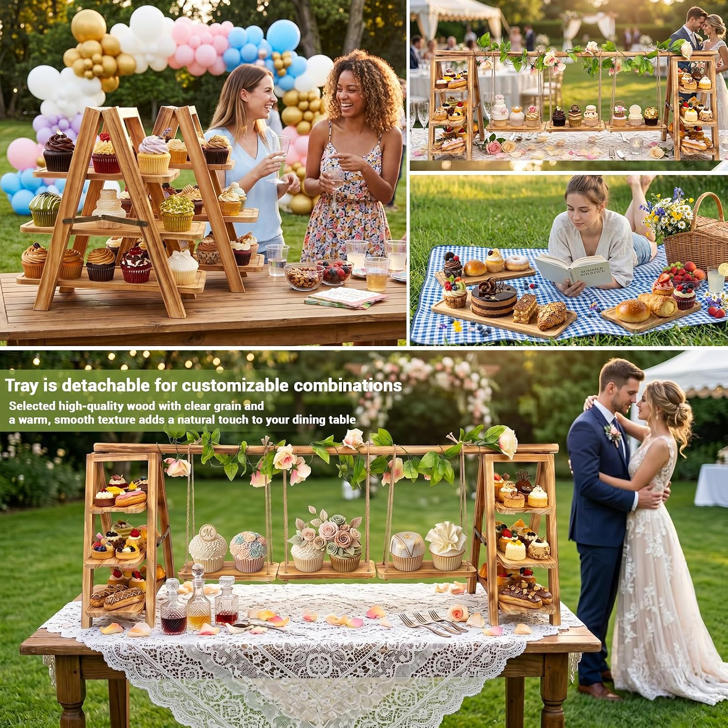 Multifunctional Wooden Dessert Table Display Set with Flower Decor | Adjustable Length 3-Tier Wood Cupcake Stand with Removable Trays, Foldable Dessert Stand for Party, Catering & Anniversaries