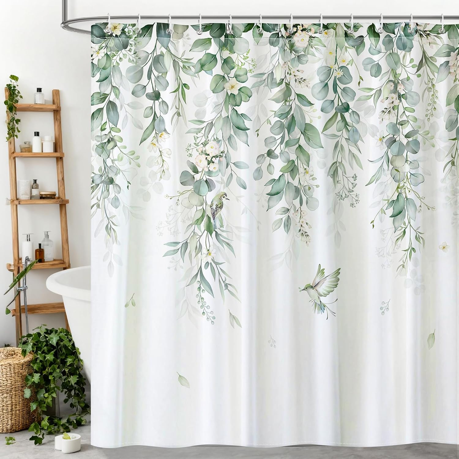 Eucalyptus Flower Shower Curtain Sets, Waterproof Polyester Spring Bird Fabric Shower Curtains with 12 Hooks for Bathroom Home Decoration, 72 × 72 Inch Washable Bath Accessories Decor