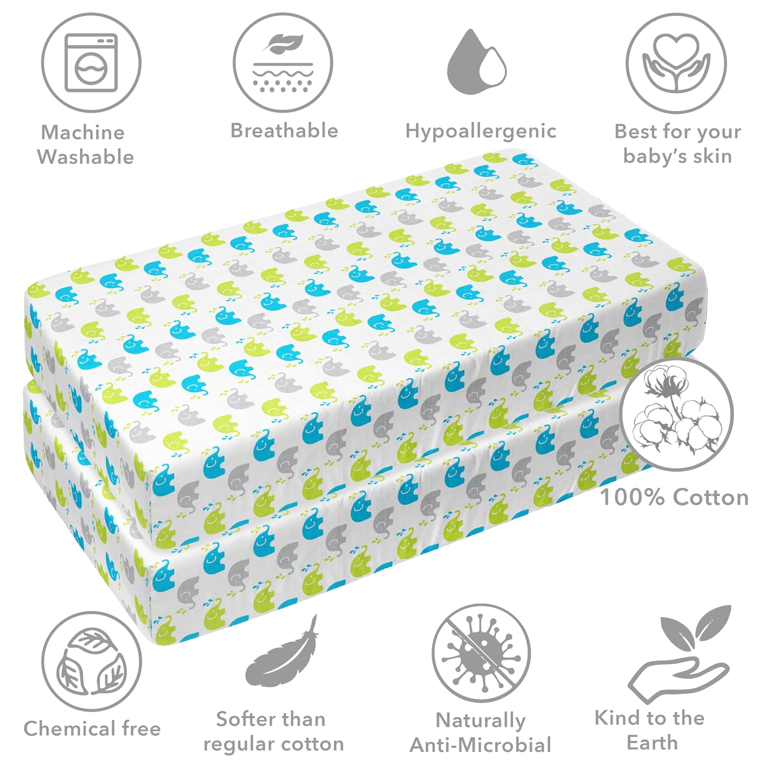 Bacati - Elephants Silky Soft Breathable 100% Cotton Muslin Baby Crib Fitted Sheets - Fits Standard 28 x 52 x 5 Crib & Toddler Mattresses (Aqua/Lime/Grey)