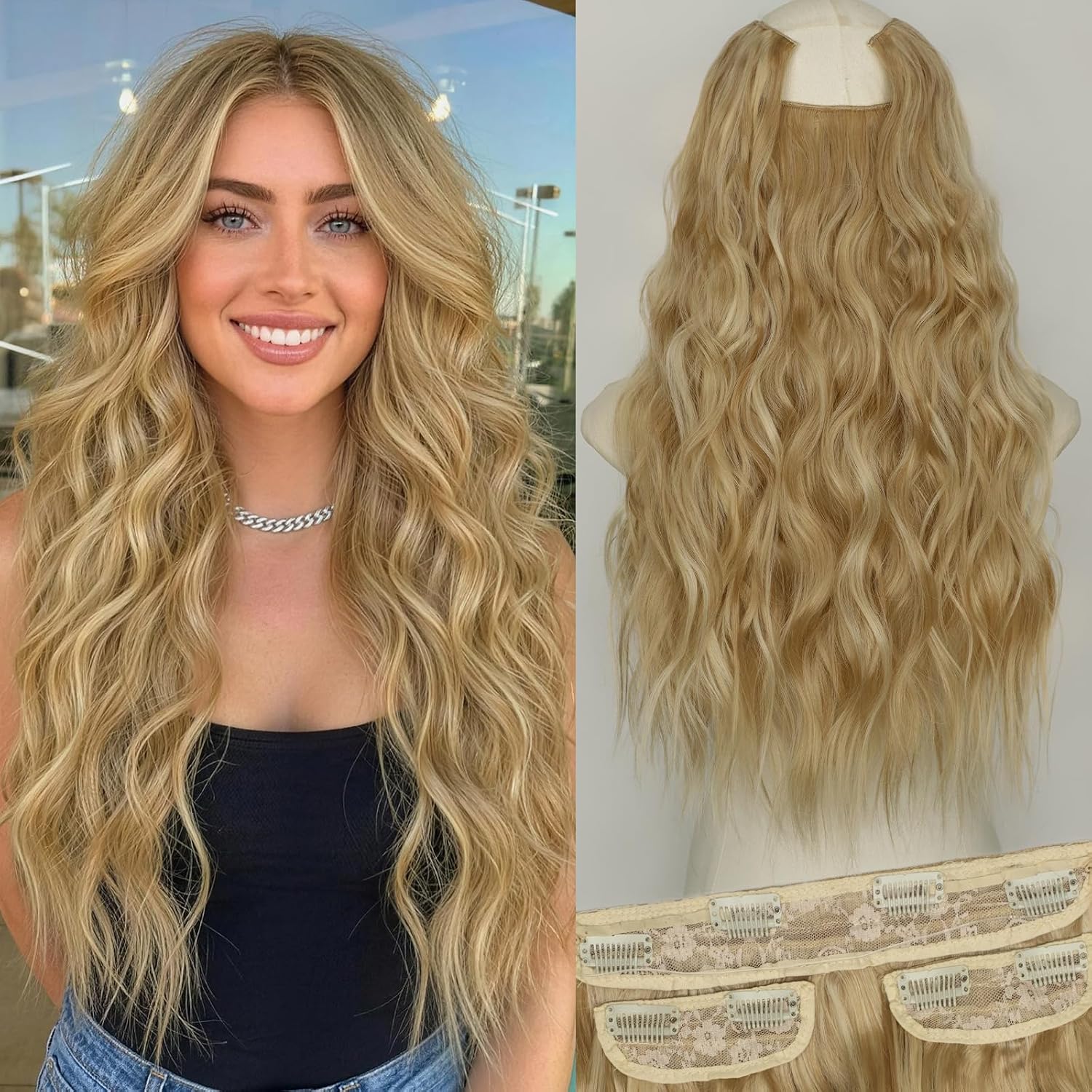 KooKaStyle Invisible Wire Hair Extensions with 2 Side Clip-Ins Extensions – 3PCS for Full Head Bundle Design for Thick Natural Volume,22" Long Wavy Synthetic Hairpieces for Women Medium Brown 200g