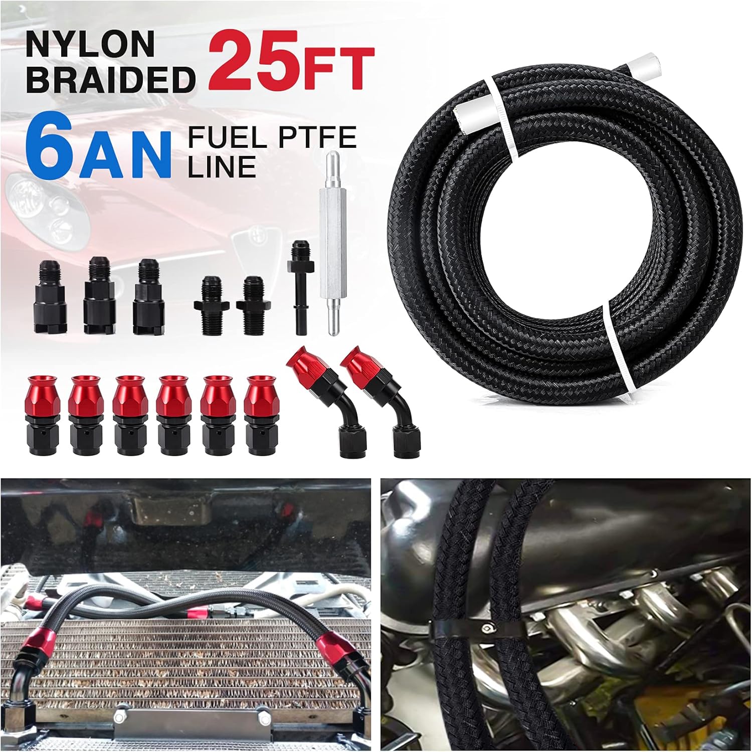 25FT PTFE Fuel line Kit: 6AN 3/8" Fuel Hose EFI LS Fuel Injection line E85 Oil Gas Hose Fitting Kit Nylon Stainless Steel : Automotive