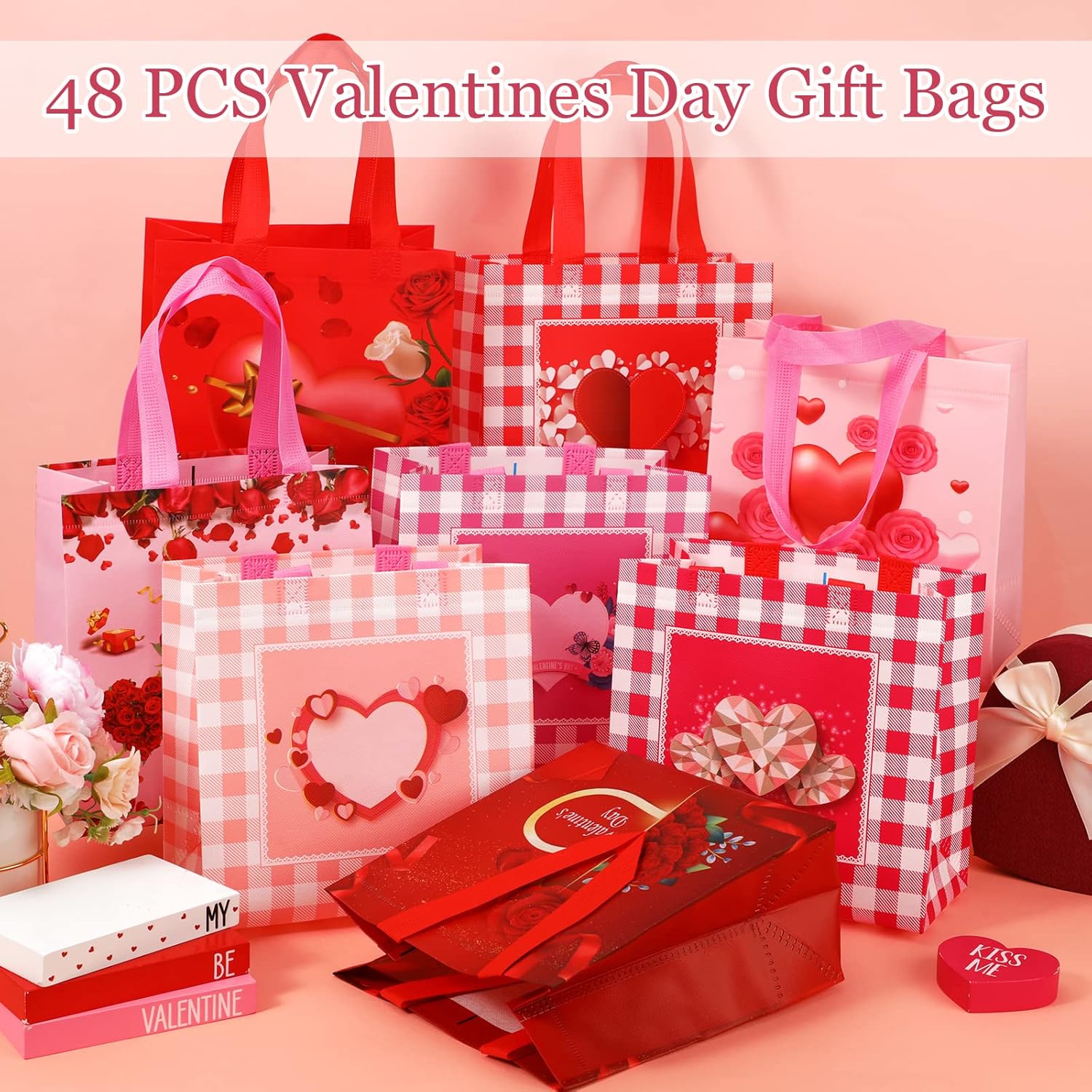 Sanwuta 120 Pcs Valentine's Day Gift Reusable Treat Bags with Handles - Non Woven Waterproof Goody Bags for Gifts & Party Favors - Image 3