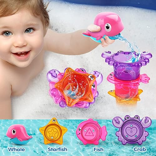Miniatura 5 de Dwi Dowellin Juguete de baño para niños pequeños, juguete de bañera con juguetes de natación flotantes sin moho y tazas apilables, juego de pesca