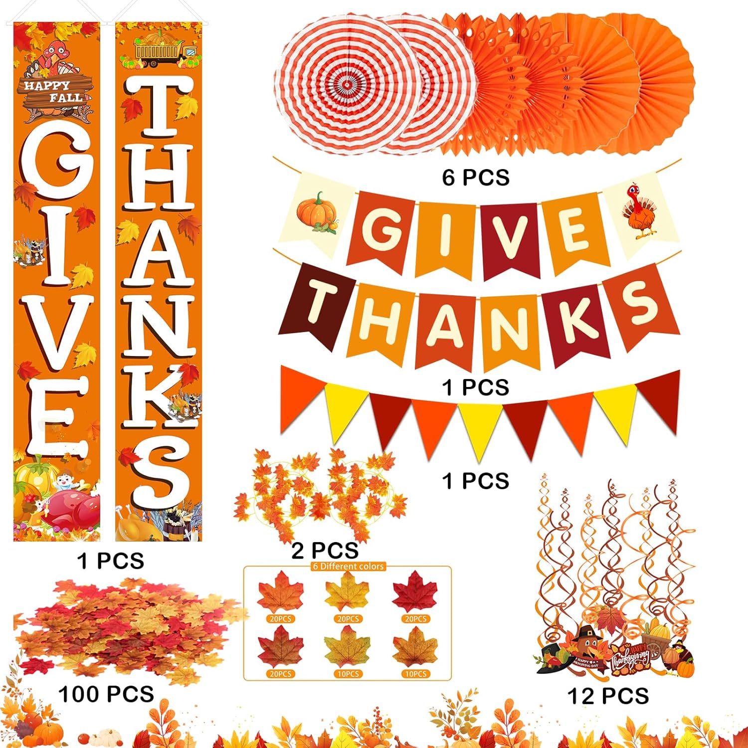 Famoby GIVE THANKS Hanging Banner Porch Sign Autumn Pumpkin Maple Leaf Backdrop Flag Banner Paper Fan&Swirls for Thanksgiving Party Decorations