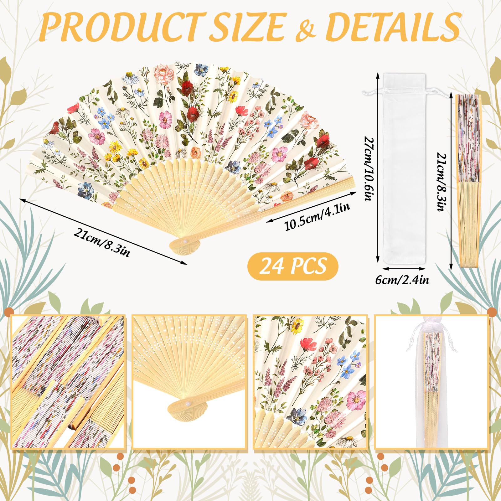 JarThenaAMCS Faltbarer Handfächer mit Organza-Beuteln, dekorative Handfächer, Vintage-Wildblumen-Papierfächer für Frühling, Junggesellinnenabschied, Hochzeit, Brautparty, Party, Gastgeschenke, 24