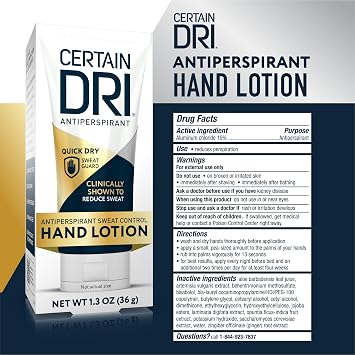 Certain Dri Antiperspirant Hand Lotion - 24-Hour Sweat Protection for Excessive Sweating & Palmar Hyperhidrosis - Fast-Drying, Non-Greasy, Fragrance-Free Formula for Smooth, Dry Hands - 1.3 oz