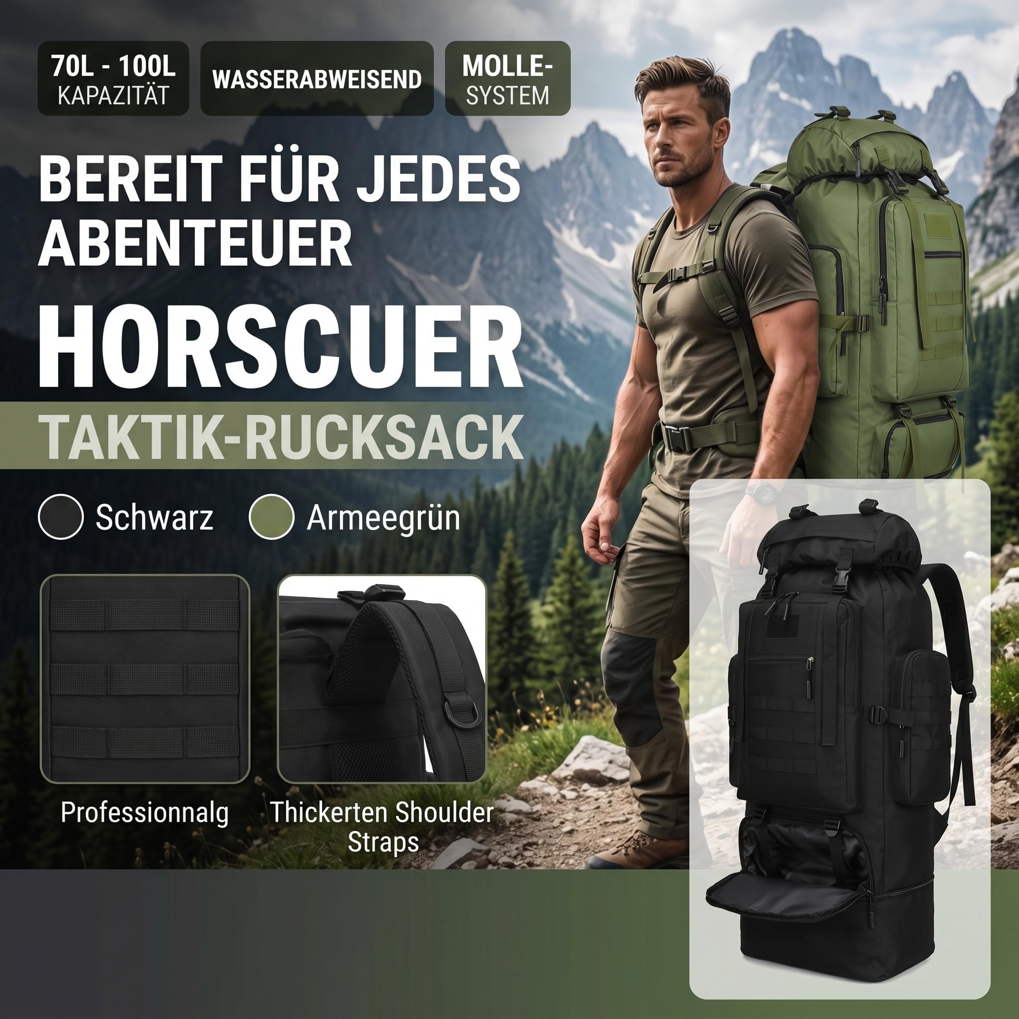 Zaino da trekking e escursionismo da 100 l, grande, per campeggio, viaggi e avventure, ergonomico, impermeabile, robusto, nero e verde militare