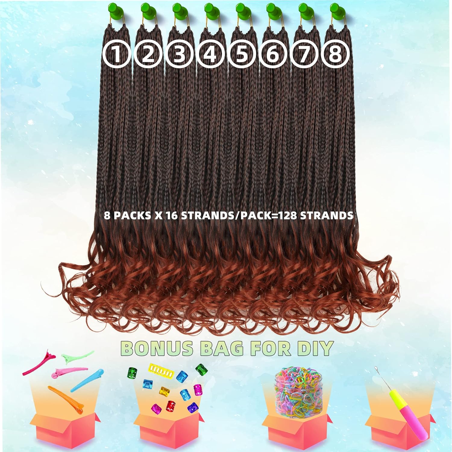 French Curl Crochet Braids for Black Women-18 Inches 8 Packs Goddess Box Braids,Ombre Ginger Soft Pre Looped Braided Synthetic Hair Extensions with Curly Wavy Ends(18"-8 Packs,T1B/350)