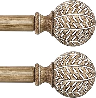 2 Pack Wood Curtain Rods for Windows 28 to 48 Inch,1'' Diameter Drapery Rods with Imitation Wood Grain Leaf Pattern Finials,Boho Adjustable Heavy Duty Curtain Rods Set,18-60'',Weathered Wood
