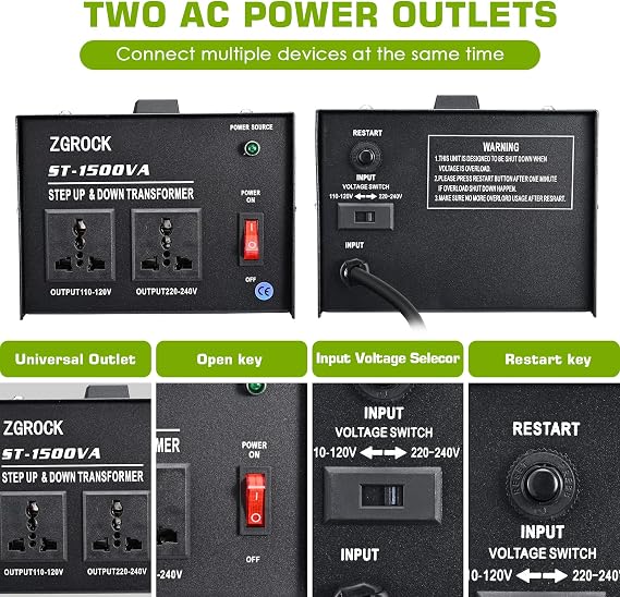 1500W Voltage Converter Transformer Heavy Duty Step Up/Down- 110 / 220V- Circuit Breaker Protection