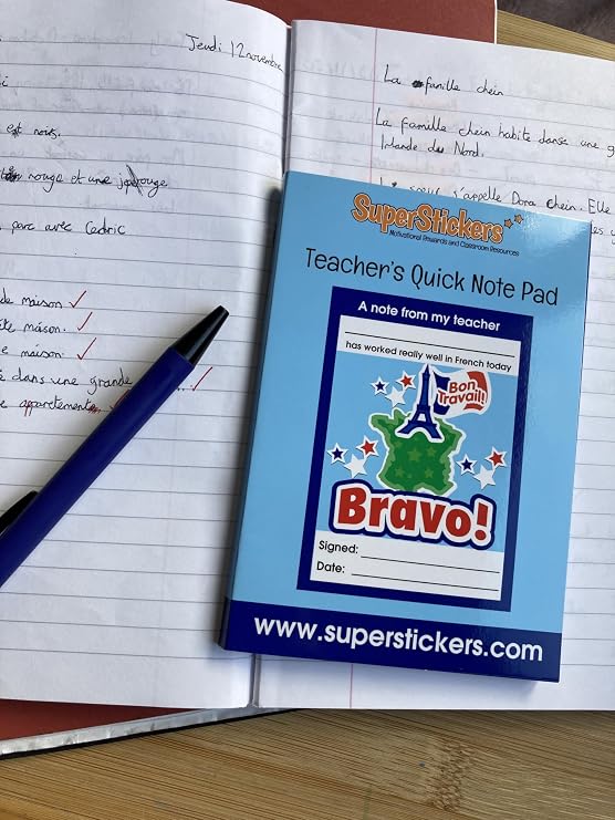 SuperStickers French Reward Praise A6 Note Pad for Teachers - 'Bravo!'. 60 sheets