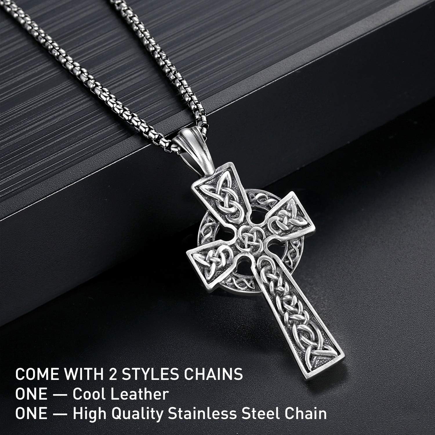 Mens Necklace Viking Celtic Irish Knot Serenity Prayer Pendant Crucifix Men Jewelry with Black Genuine Leather Cord Chain(Celtic Collection-1)，First Communion Gifts for Boys