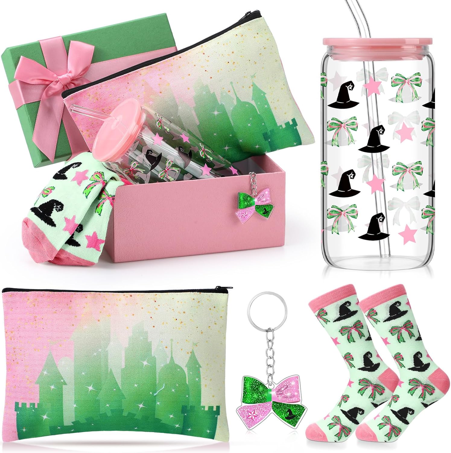 Boao 5 Pcs Pink and Green Gift Set with Glass Cup Socks Cosmetic Bag Keychain Box Witch Stuff Pink and Green Themed Birthday Party Supplies for Castle Fantasy Princess Witch Gifts