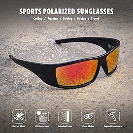 Ofwin Polarized Sports Sunglasses for Men Women Unbreakable Frame Cycling Fishing Wrap Around Sunglasses UV400 Protection Black Frame/Red Mirror Lens