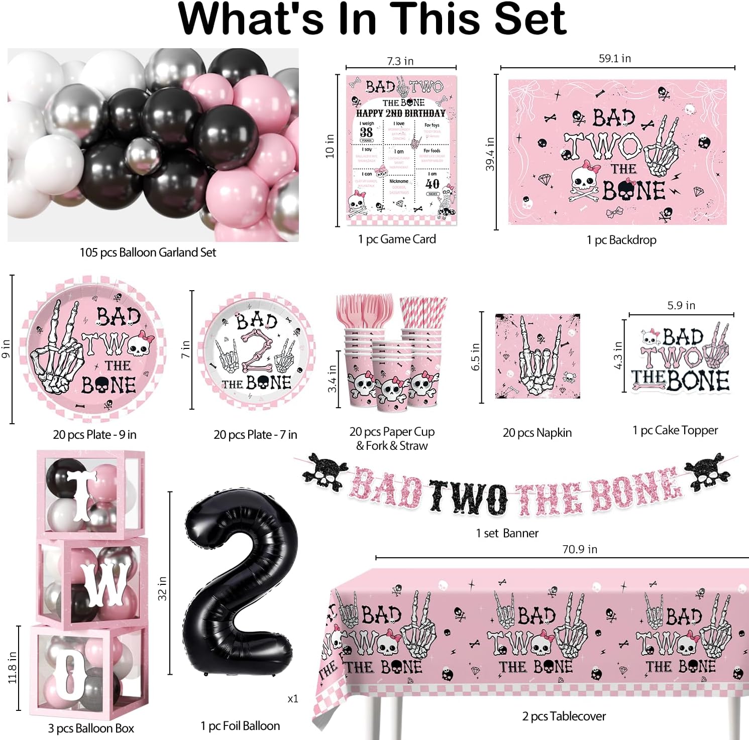 cocomigo 240pcs Bad Two The Bone Party Decorations Girl, Bad Two The Bone Party Decorations with 20pcs Plate Cup Backdrop Balloon Box 2pcs Tablecloth for 2nd Birthday Decorations for Girl