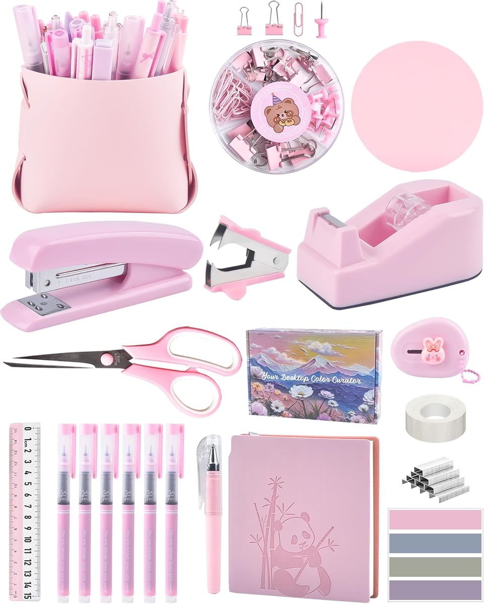 Accesorios de escritorio de color rosa, estuche para lápices, grapadora, bolígrafo y un montón de material de oficina de color rosa, bellamente presentado en una caja de regalo.
