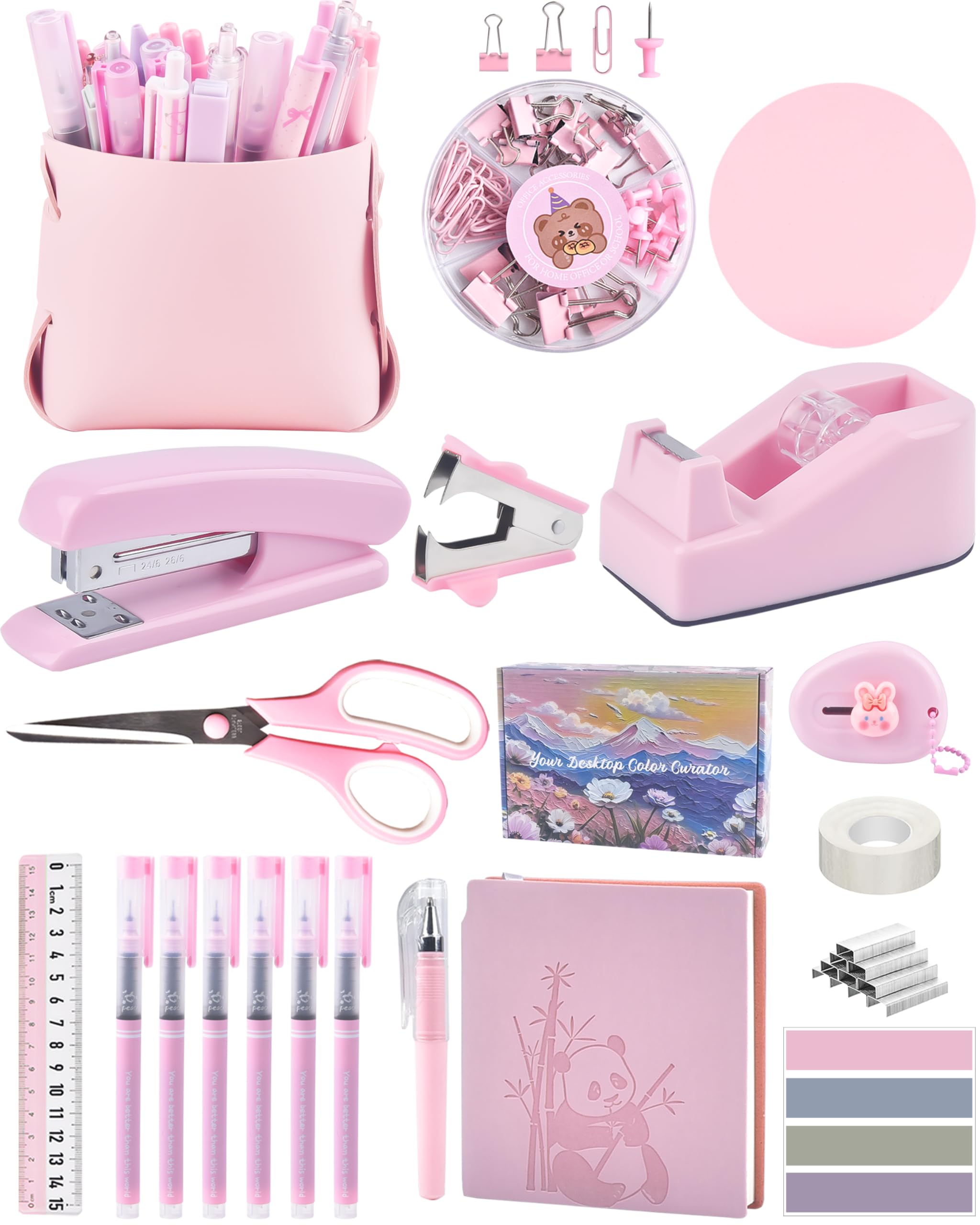 Pinkes Schreibtischzubehör, Federmäppchen, Hefter, Stift und eine Menge Bürobedarf, rosa Bürobedarf, wunderschön präsentiert in einer Geschenkbox